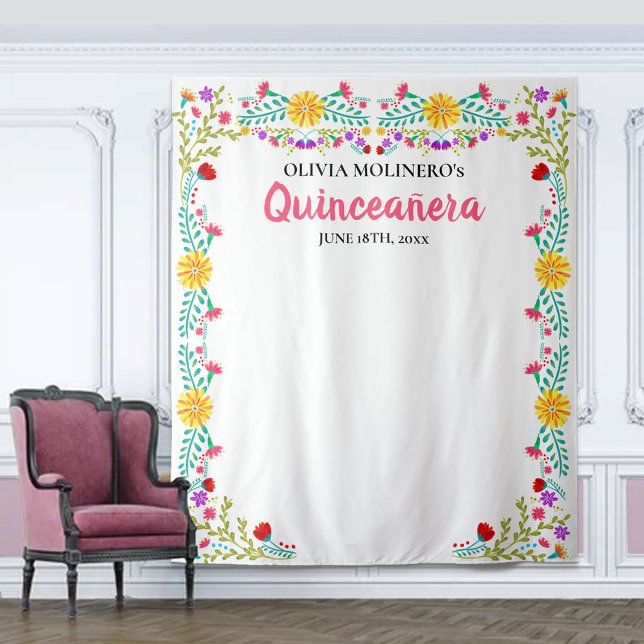 Quinceanera Party Photo Backdrop Mexican Flowers Tapestry (Creator Uploaded)