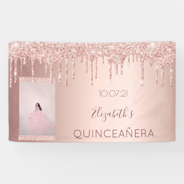 Quinceanera party photo rose gold glitter welcome banner (Horizontal)