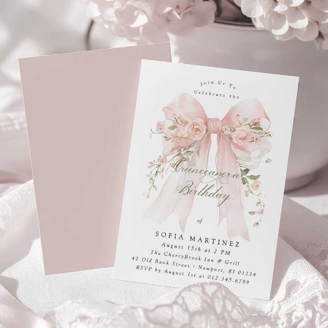 Quinceanera Party Pink Coquette Bow Rose Floral Invitation (Creator Uploaded)