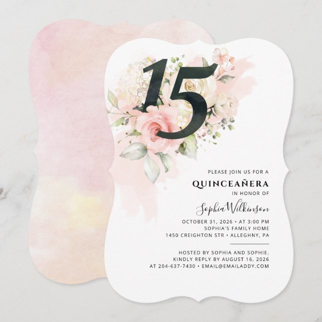 Quinceanera Party Pink Floral 15th Birthday Invitation (Front/Back)