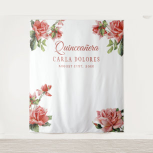 Quinceañera party pink roses photo booth backdrop tapestry