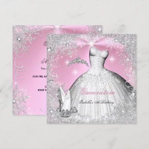 Quinceanera Party Pink Silver Winter Snowflakes Invitation