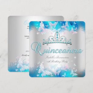 Quinceanera Party Pink Teal Blue Tiara Butterfly Invitation