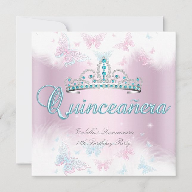Quinceanera Party Pink Teal Tiara Butterfly 2 Invitation (Front)