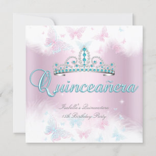 Quinceanera Party Pink Teal Tiara Butterfly 2 Invitation