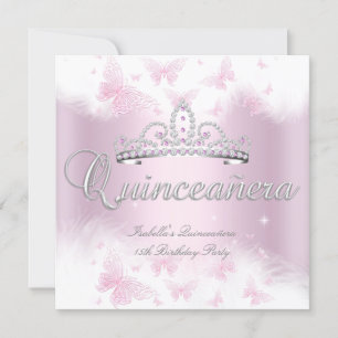 Quinceanera Party Pink White Tiara Butterfly Invitation