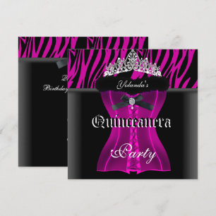 Quinceanera Party Pink Zebra Black Tiara Corset Invitation