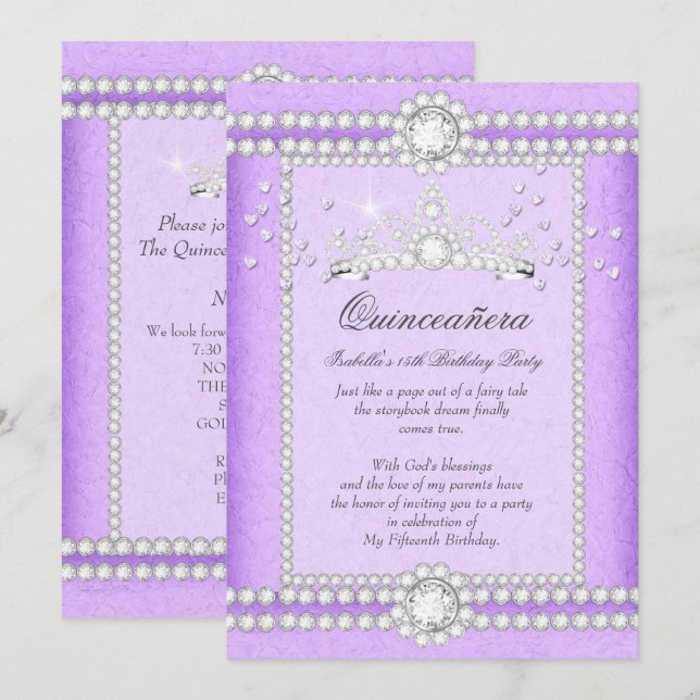 Quinceanera Party Pretty Lilac Heart Diamond Tiara Invitation (Front/Back)