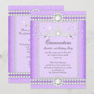 Quinceanera Party Pretty Lilac Heart Diamond Tiara Invitation