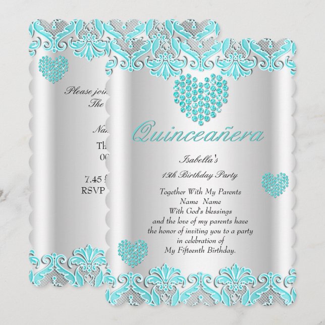 Quinceanera Party Pretty Teal Blue Hearts Lace Invitation (Front/Back)