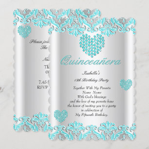 Quinceanera Party Pretty Teal Blue Hearts Lace Invitation