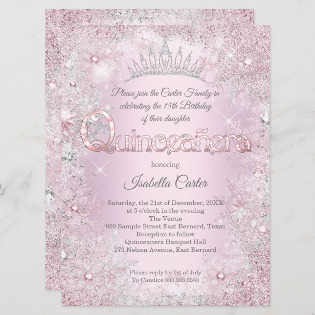 Quinceanera Party princess Pink Silver snowflake Invitation (Front/Back)