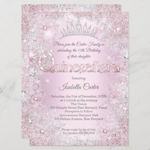 Quinceanera Party princess Pink Silver snowflake Invitation