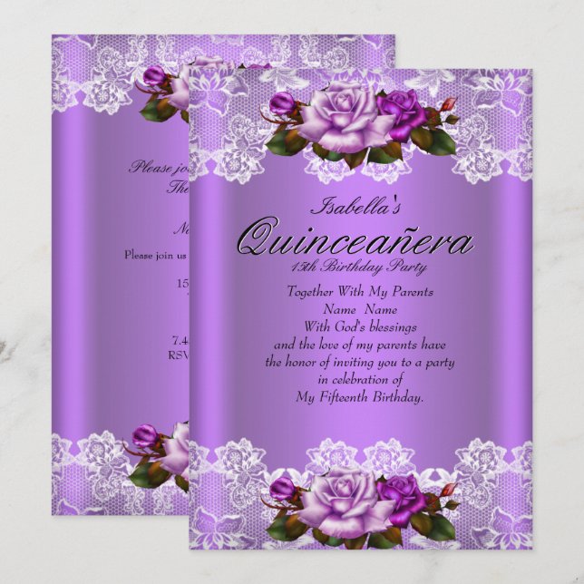 Quinceanera Party Purple Pink Roses White Lace Invitation (Front/Back)