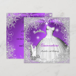 Quinceanera Party Purple Silver Winter Snowflakes Invitation