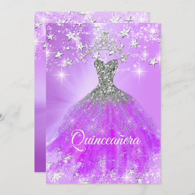 Quinceanera Party Purple Sparkle Tiara Stars Invitation (Front/Back)