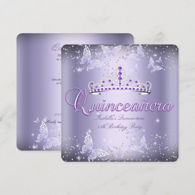Quinceanera Party Purple Tiara Butterfly 2 Invitation (Front/Back)