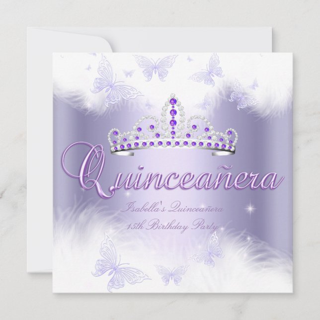 Quinceanera Party Purple Tiara Butterfly Invitation (Front)