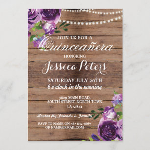 Quinceanera Party Purple Wood Flowers Invite 15th