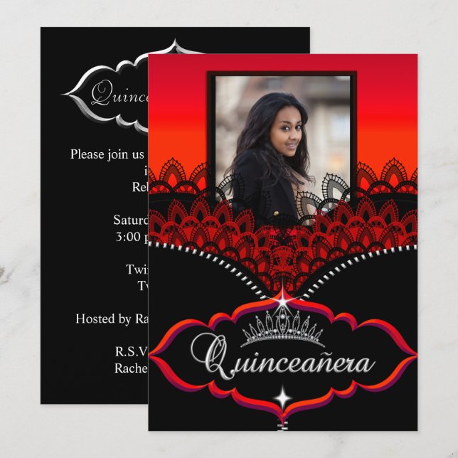 Quinceanera Party Red Black Lace Girl Photo Invitation (Front/Back)