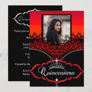 Quinceanera Party Red Black Lace Girl Photo Invitation