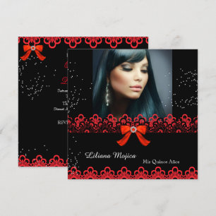 Quinceanera Party Red Lace Jewel Bow 2 Invitation