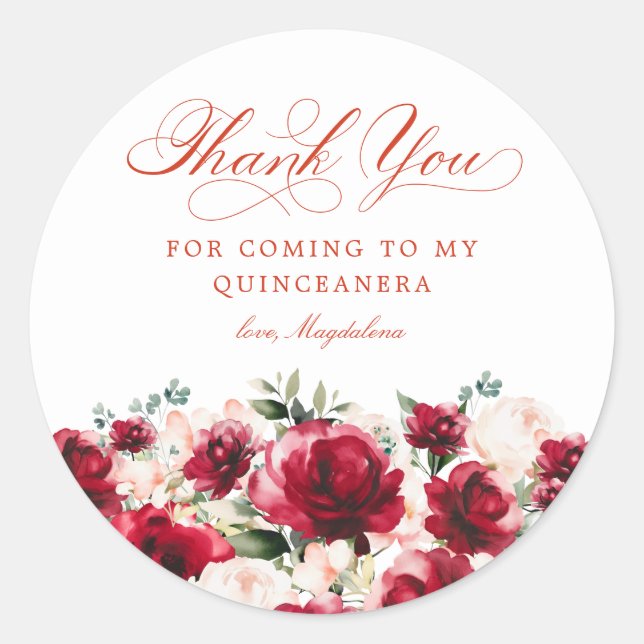 Quinceanera Party Red Pink Floral Thank You Classic Round Sticker (Front)