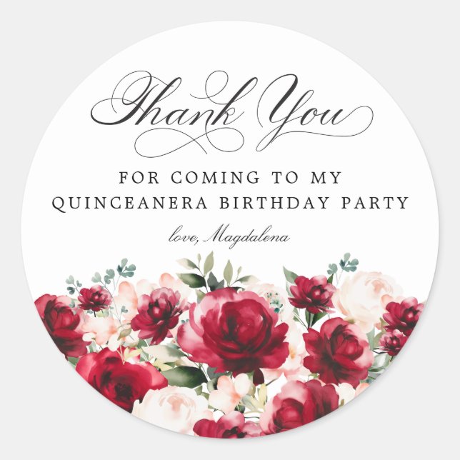 Quinceanera Party Red Pink Floral Thank You Classic Round Sticker (Front)