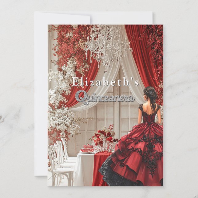 Quinceañera Party Room Red Gown Crystal Chandelier Invitation (Front)