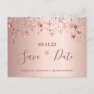 Quinceanera party rose gold stars save the date postcard