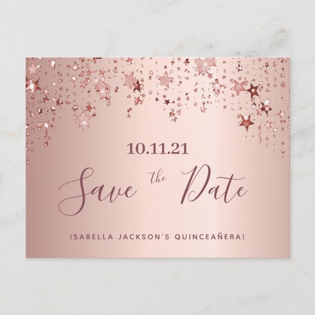 Quinceanera party rose gold stars save the date postcard (Front)