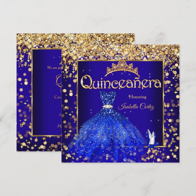 Quinceañera Party Royal Blue Dress High Heel Gold Invitation (Front/Back)