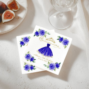 Quinceanera Party Royal Blue Gown Floral Napkin