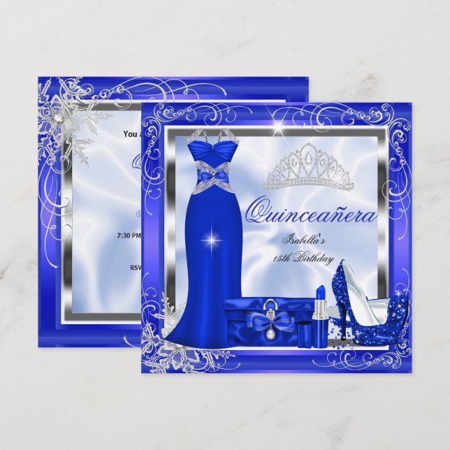Quinceanera Party Royal Blue Silver Dress Heels S5 Invitation (Front/Back)