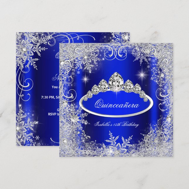 Quinceanera Party Royal Blue Silver Snowflakes Invitation (Front/Back)