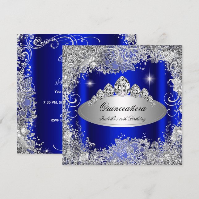 Quinceanera Party Royal Blue Silver Tiara Invitation (Front/Back)