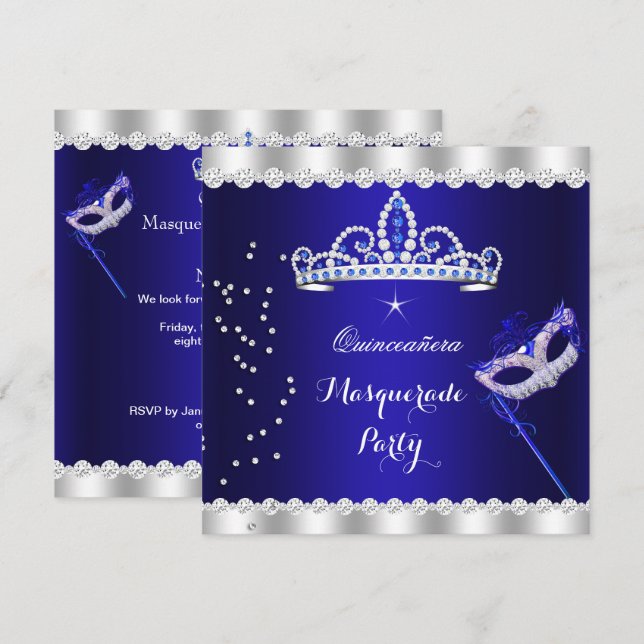 Quinceanera Party Royal Blue Tiara Masquerade Invitation (Front/Back)