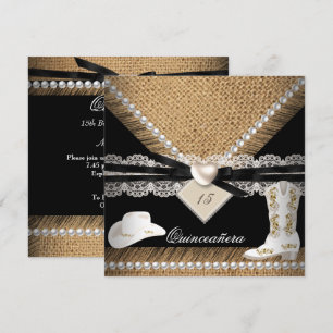 Quinceanera Party Rustic Burlap Cowgirl Hat Boots Invitation