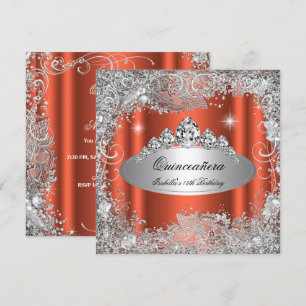 Quinceanera Party Rusty Orange Silver Tiara Invitation