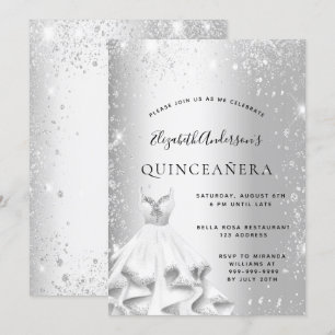 Quinceanera party silver dress glitter dust invitation