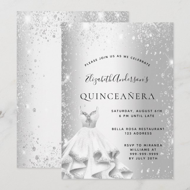 Quinceanera party silver dress glitter invitation (Front/Back)