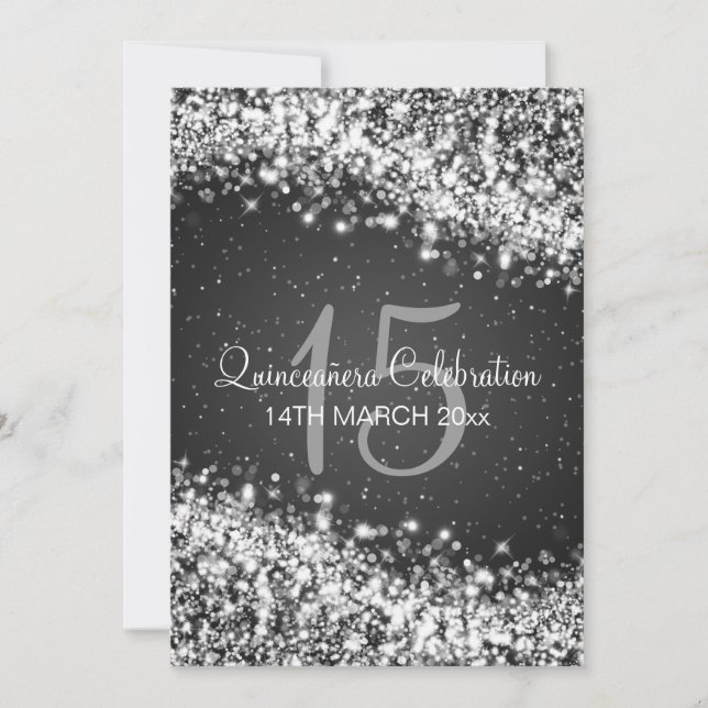 Quinceañera Party Sparkling Wave Black Invitation (Front)