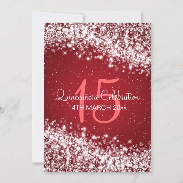 Quinceañera Party Sparkling Wave Red Invitation (Front)