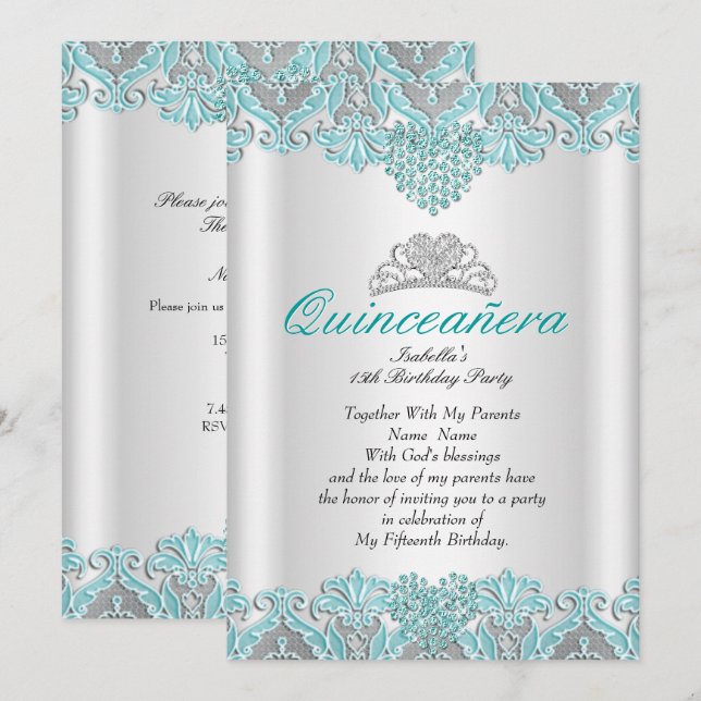 Quinceanera Party Teal Blue Hearts Lace Tiara 2 Invitation (Front/Back)