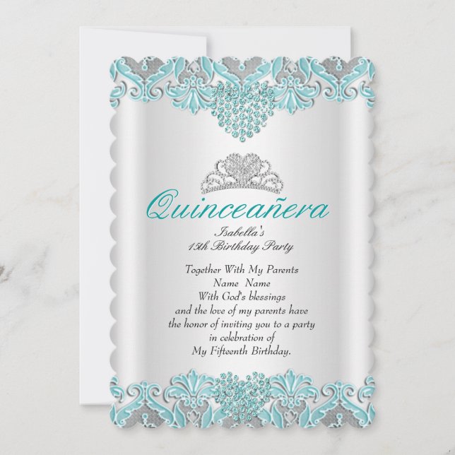 Quinceanera Party Teal Blue Hearts Lace Tiara 2 Invitation (Front)