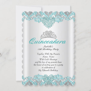Quinceanera Party Teal Blue Hearts Lace Tiara 2 Invitation