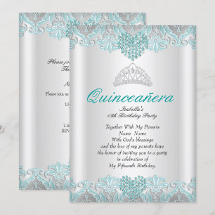 Quinceanera Party Teal Blue Hearts Lace Tiara Invitation