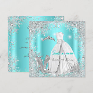 Quinceanera Party Teal Blue Silver Snowflakes Invitation