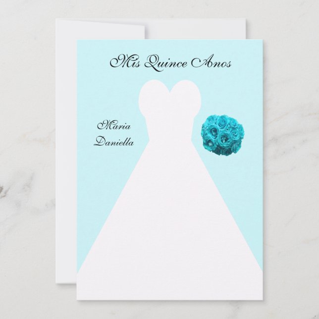 Quinceanera Party White Gown on Blue Background Invitation (Front)