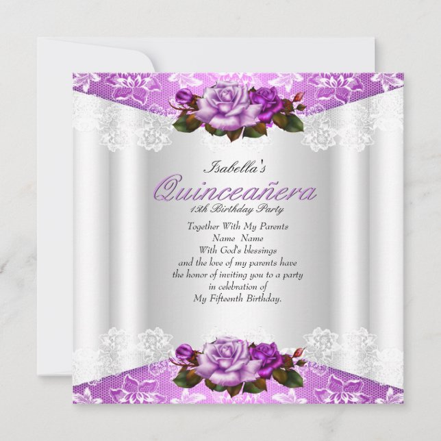 Quinceanera Party White Purple Pink Roses Lace Invitation (Front)